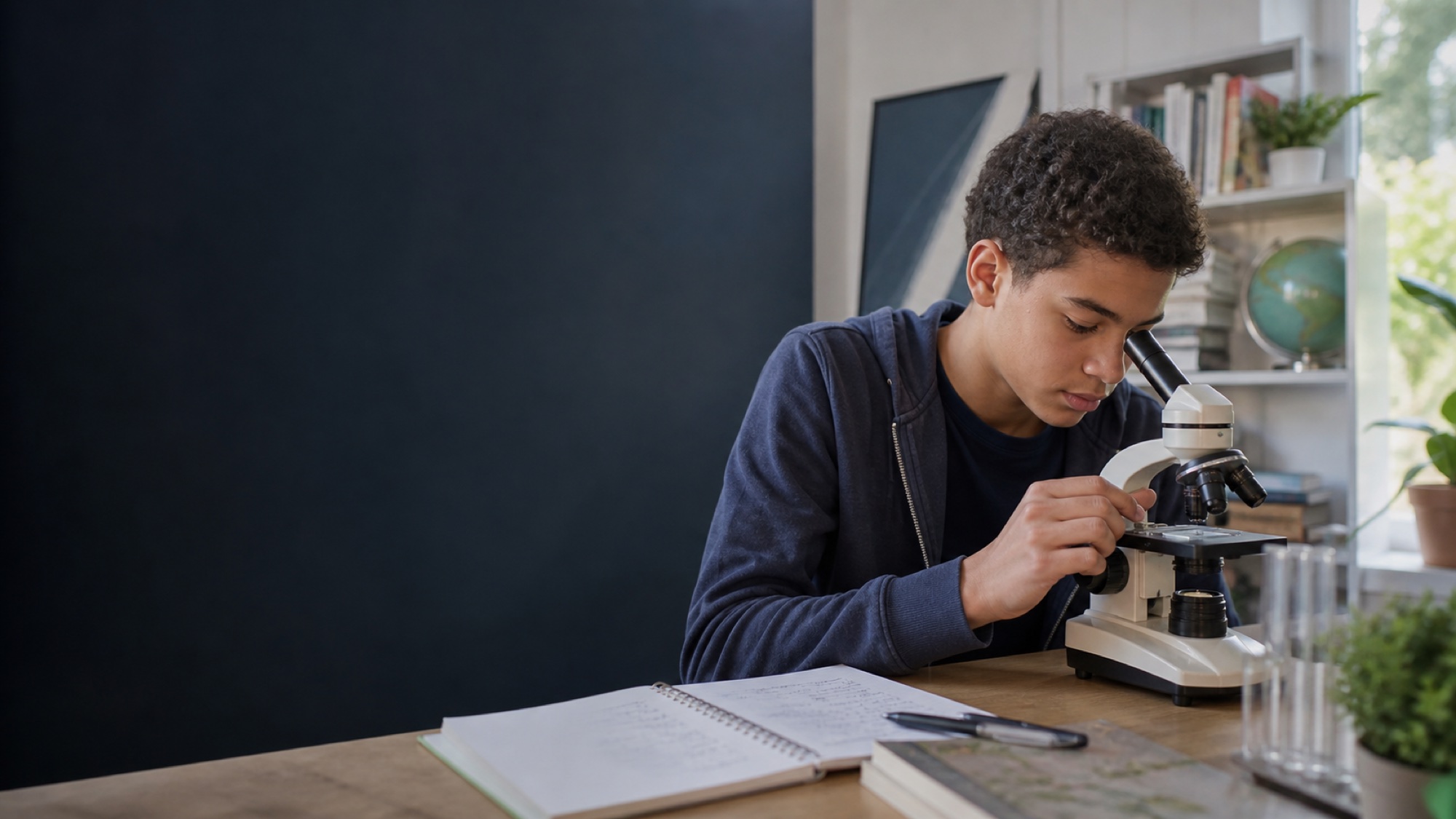 A learner studying science with a microscope at home